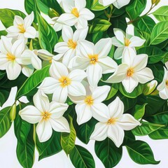 Obraz premium Cluster of blossoms with leaves on a white background
