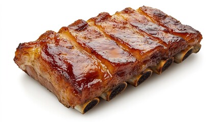 Juicy, glazed barbecued pork ribs with a caramelized exterior on a white background.