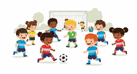youth soccer game vector with happy children characters
