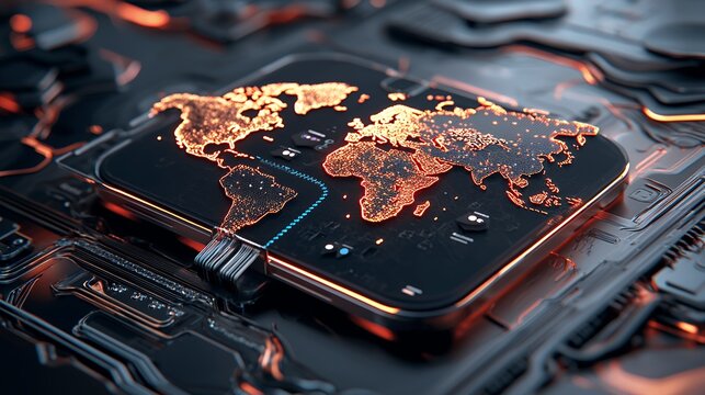 Glowing World Map on Computer Chip Circuit Board