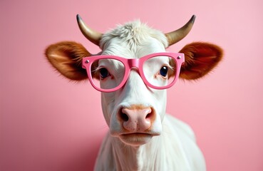 Funny cow portrait wearing pink glasses. Cute animal face on pink background. Cattle looking directly at camera. Charming bovine. Trendy design for postcard, print, sticker, advertising, poster.