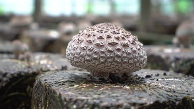 Detailed Macro Shot of a Beige Textured Mushroom on a Mossy Log in Soft Natural Light With Blurred Green Background