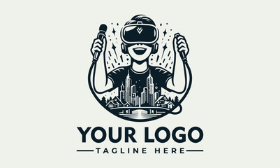 Cheerful person wearing a virtual reality headset and holding a game controller with abstract digital elements. Gaming and technology concept