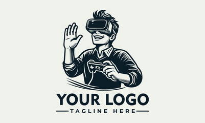 Cheerful person wearing a virtual reality headset and holding a game controller with abstract digital elements. Gaming and technology concept