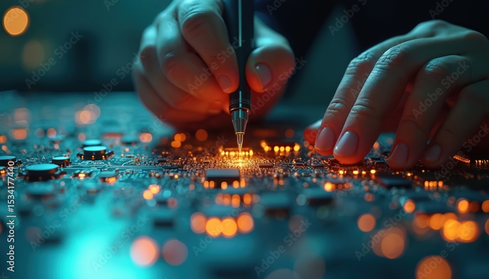 Poster Engineer working on electronic circuit board at night. Focused closeup on hand using soldering tool for microchip assembly. Circuitry repair in digital development, tech innovation.