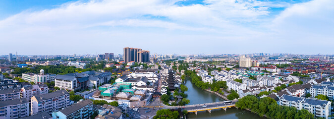 Aerial view of Shanghai Sijing Ancient Town on sunny day, One of the most famous ancient towns in...