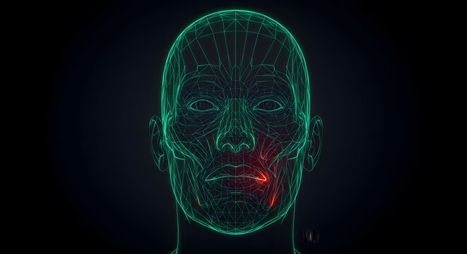 Human Anatomy Wireframe Model Showing Facial Muscles and Nerve Points