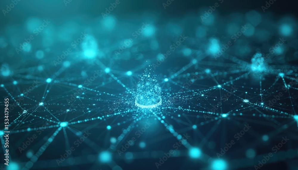 Poster Abstract network of glowing blue lines and nodes, creating geometric shapes. Dark blue background gives futuristic tech feel. Perfect for data visualization, tech presentations, business innovations.
