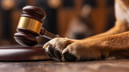 Dog paws beside judge gavel on table, representing animal law and pet rights