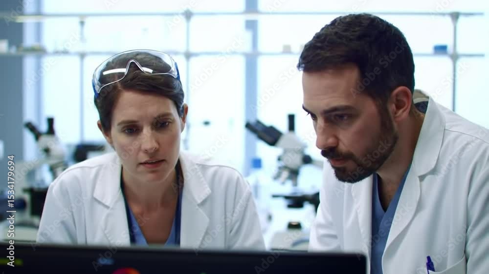 Poster focused scientists examine data on computer screen in brightly lit modern lab with microscopes white