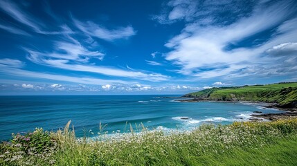 Serene coastal scene with vibrant wildflowers, rolling green hills, and a clear blue ocean under a dramatic sky