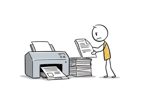 Cartoon illustration of a person dealing with a printer paper jam