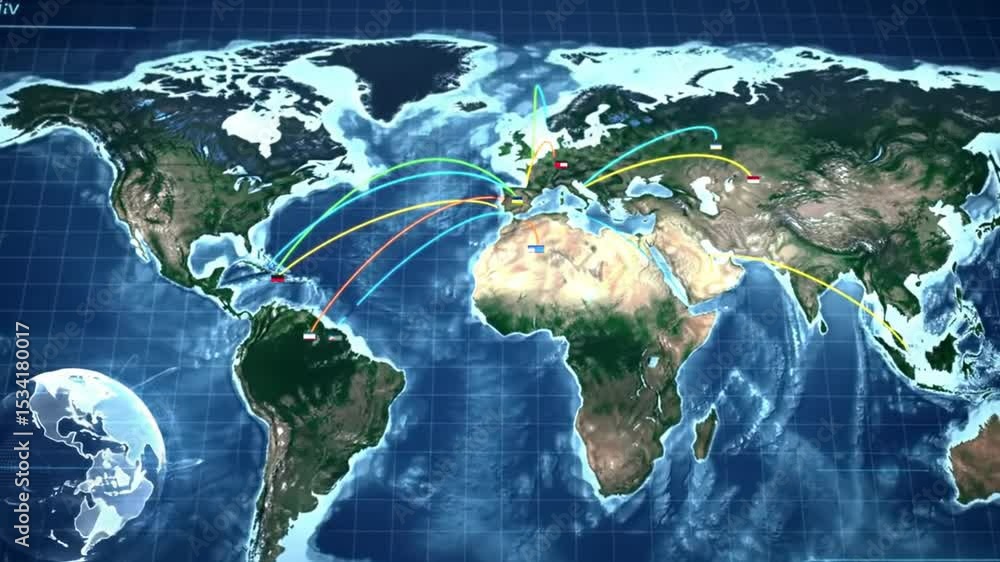 Poster global network visualization with colorful connections on blue grid map showcasing worldwide connect