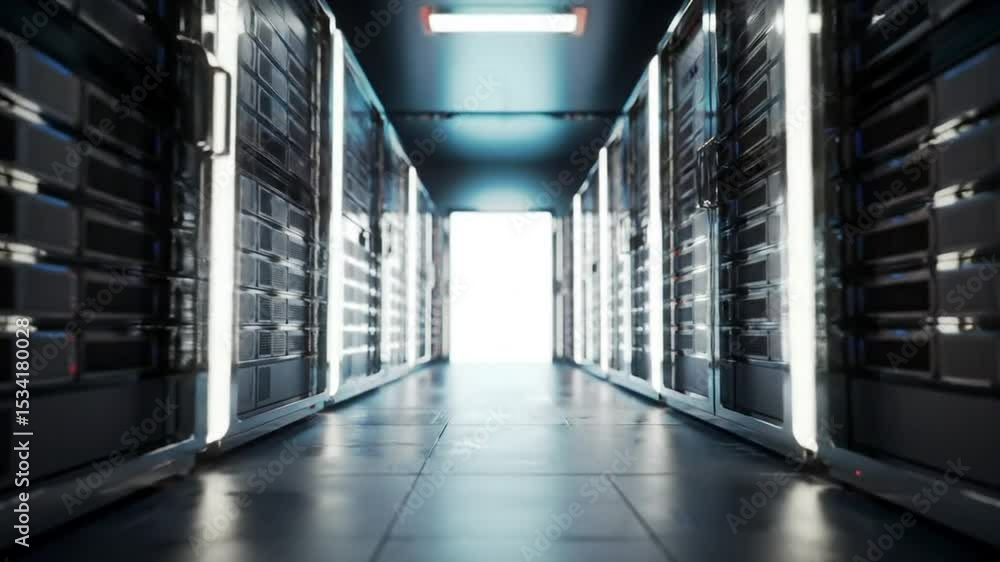 Poster futuristic server room with white light in data center for computing and digital information