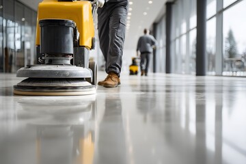 Professional floor cleaning machine with yellow scrubbing pad polishing a shiny marble floor in a bright, modern interior space
