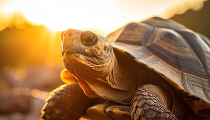 Naklejka premium Old tortoise wrinkles in golden sunset light