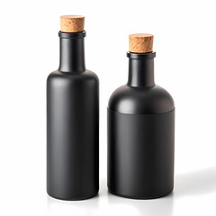 Two Matte Black Bottles with Cork Tops on White Background