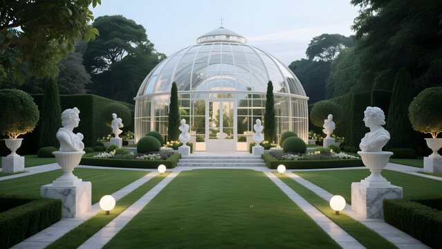 A futuristic glass house surrounded by luxurious symmetrical gardens, perfect green lawns, modern marble sculptures and automated landscape lighting. 2