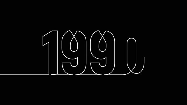 1990 new year continuous line art clip self drawing animation on white black background. single one line art written outline sketch illustration 1990 year numbers video