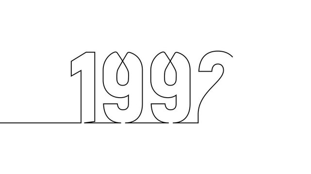 1992 new year continuous line art clip self drawing animation on white black background. single one line art written outline sketch illustration 1992 year numbers video