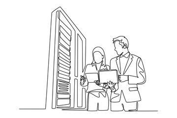 Data center concept. Single line draw design. Vector graphic illustration