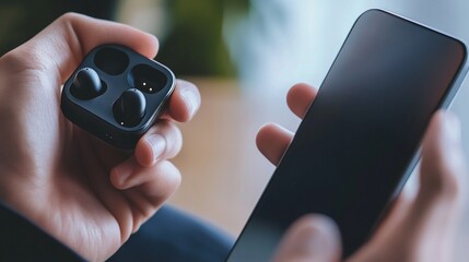 Person using wireless earbuds and smartphone for a connected digital lifestyle