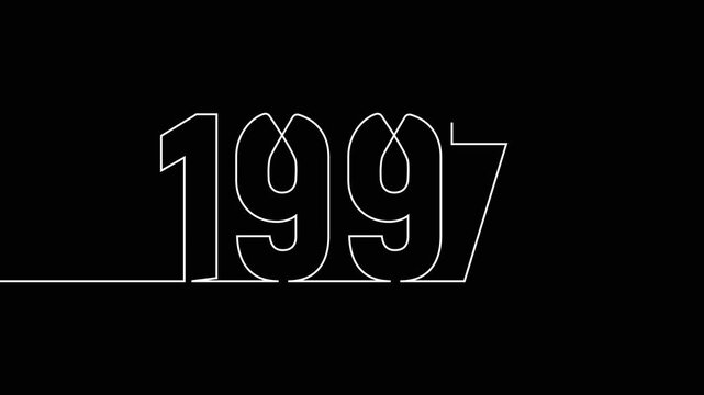 1997 new year continuous line art clip self drawing animation on white black background. single one line art written outline sketch illustration 1997 year numbers video