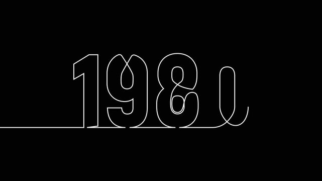 1980 new year continuous line art clip self drawing animation on white black background. single one line art written outline sketch illustration 1980 year numbers video