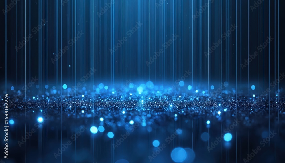 Poster Digital abstract image of blue vertical lines on dark background. Bright spots simulate digital rain, water drops. Cyberpunk, futuristic design, modern tech, artistic artwork, visual illustration.