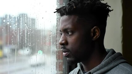 African american man gazing out rainy window thoughtfully in close up - Powered by Adobe