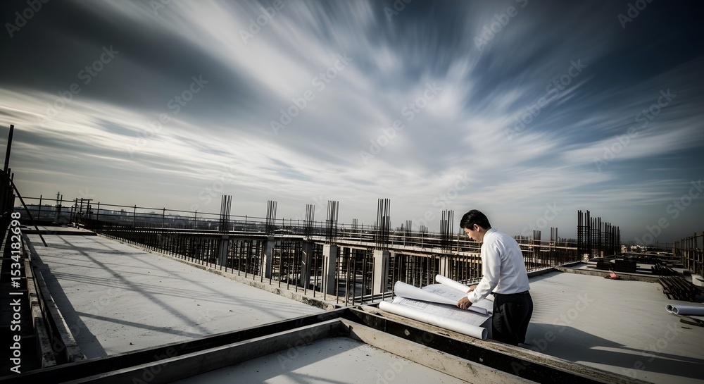 Poster architect reviewing blueprints on a construction site against a dynamic cloudy sky. the image captur