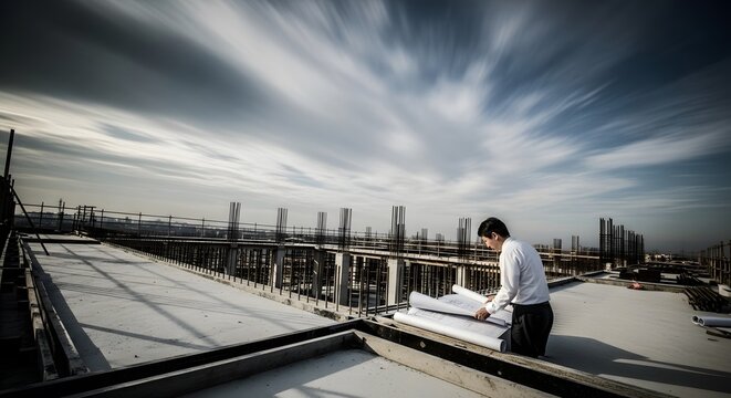 Architect reviewing blueprints on a construction site against a dynamic cloudy sky. The image captures the professional at work with a focus on architectural elements and the environment.