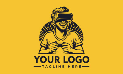 Cheerful person wearing a virtual reality headset and holding a game controller with abstract digital elements. Gaming and technology concept