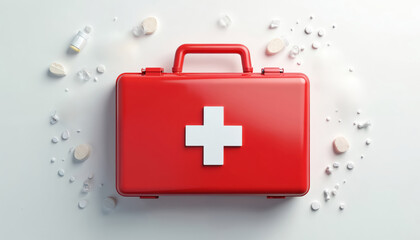 Fototapeta premium Red first aid kit with white cross, medical box on white background. Health, medical supplies, pills, tablets, capsules scattered around. Healthcare, medicine concept. Emergency treatment aid.