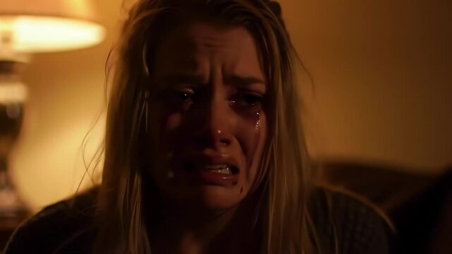 Dramatic close up of a crying woman with blood on her face expressing sadness