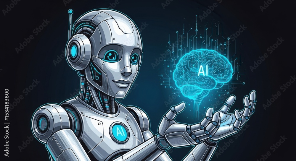 Poster female robot holding a brain with ai text | futuristic humanoid technology for artificial intelligen