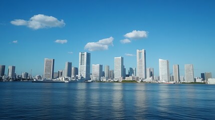 Stunning cityscape reflected in calm waters under a vibrant blue sky, dotted with fluffy clouds