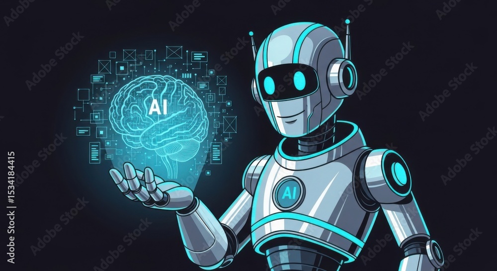 Poster ai robot holding brain with ai text | futuristic technology concept for artificial intelligence, mac