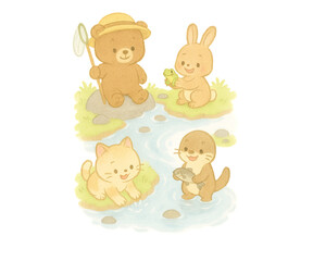 川遊びと昆虫採集を楽しむ夏休み動物達