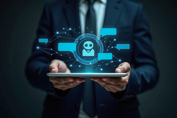 Businessman holding tablet with ai agent chatbot and digital interface technology