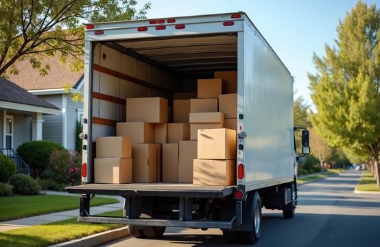 Moving truck filled with cardboard boxes ready for home relocation or delivery service. Truck parked on suburban street with packed furniture. Concept of house moving or shipping. - Powered by Adobe