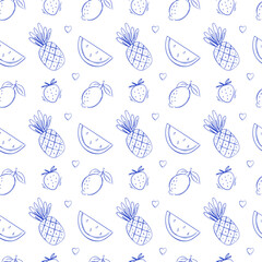 Hand drawn isolated seamless pattern with pineapple, lemon and watermelon. Doodle sketch vector food illustration. Design element for postcard, print, template, texture, cover