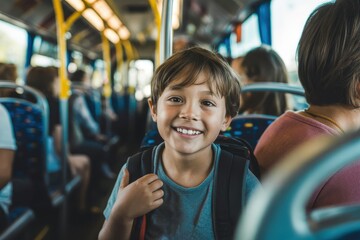 Smiling boy with backpack sitting on bright public transport bus