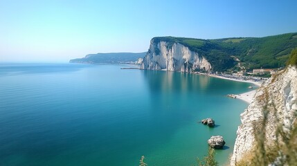 Stunning coastal panorama Azure sea meets dramatic white cliffs, backed by lush green hills and a charming seaside town