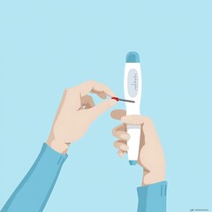 Inserting Test Strip Into Electronic Device in Hand on Blue