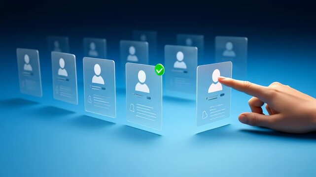 HR tech: Hand selects candidate profile on digital interface for recruitment. Talent acquisition, human resources, and hiring process automation concept. 4K animation.