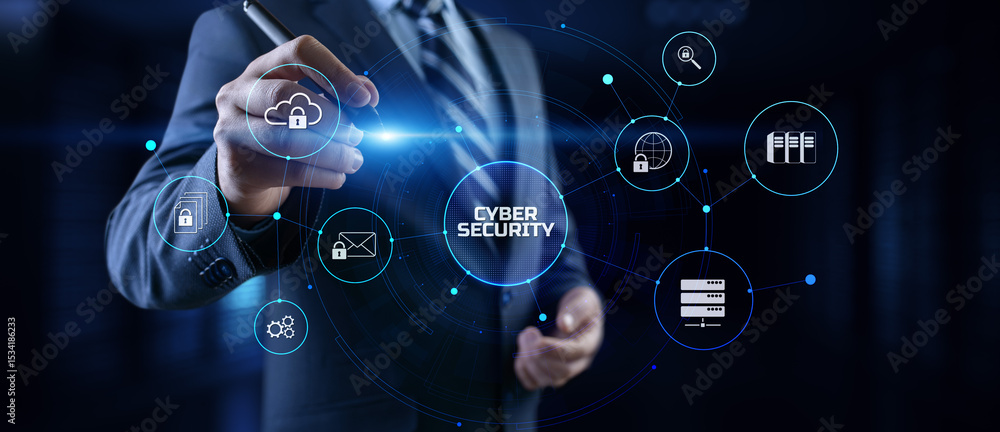 Poster cyber security access control data protection personal information privacy concept. businessman pres