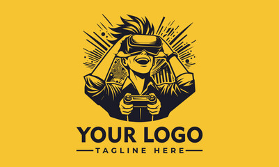 Cheerful person wearing a virtual reality headset and holding a game controller with abstract digital elements. Gaming and technology concept