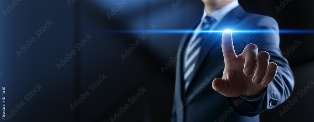Poster businessman pressing button on virtual screen, innovation and digital touch interaction on futuristi