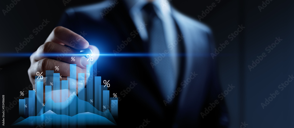 Poster financial growth strategy and data visualization with interactive graphs and percentages in business